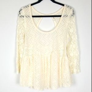 Free People Beige Laced Sleeves Open Back Top